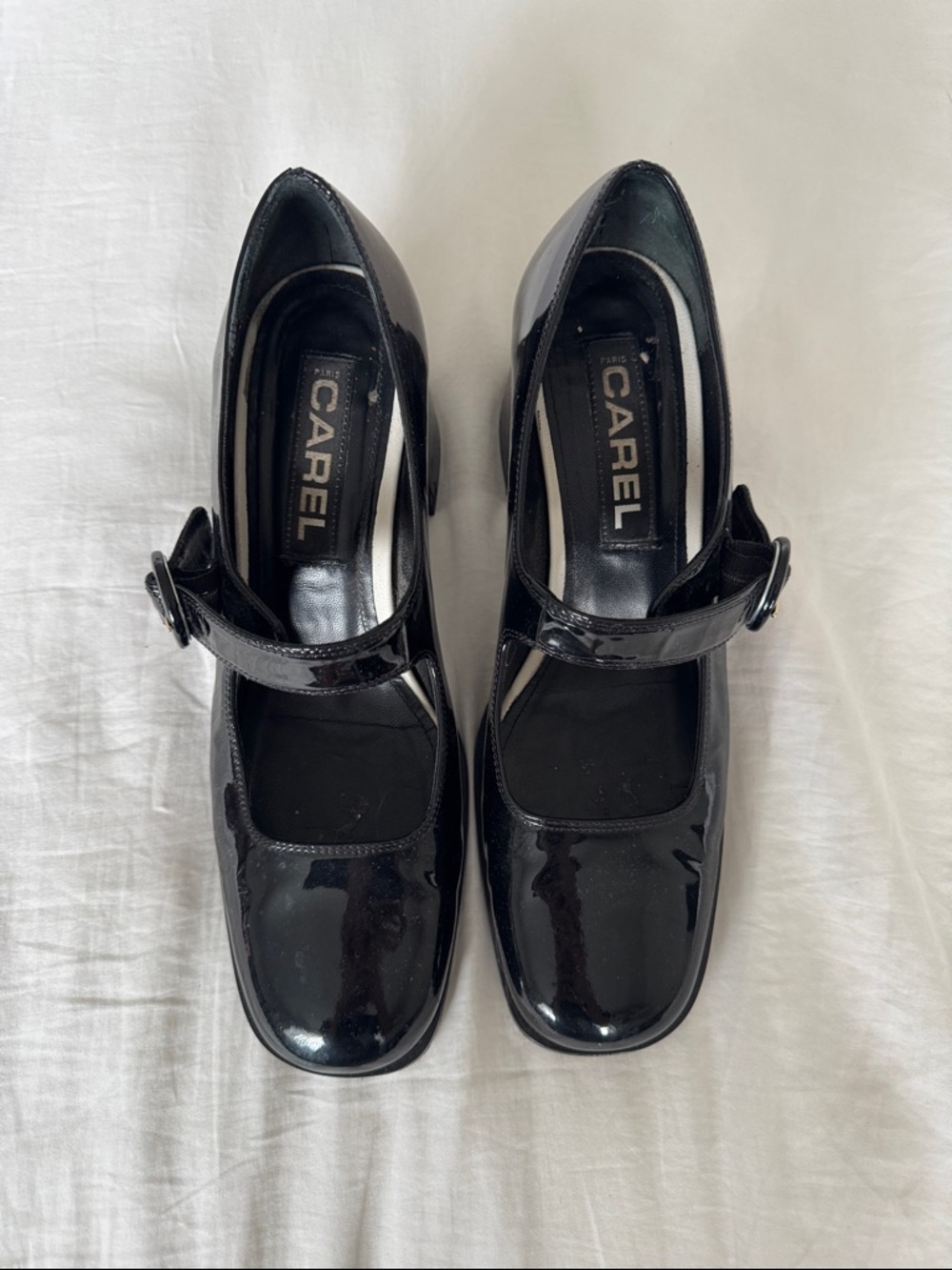 Carel Black Patent Mary Jane Block Heel